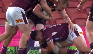 Josh Aloiai could be in hot water over this cannonball tackle on Alex Seyfarth, who suffered a suspected MCL injury.