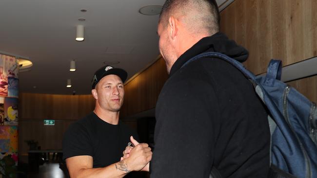 Tariq Sims and Klemmer catch up at Blues camp. Image: Brett Costello