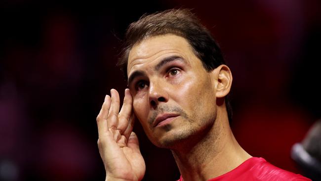 Nadal can’t hold back the tears following his final match of his career. Photo: Getty Images