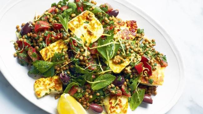 Lentil tabbouleh with haloumi.