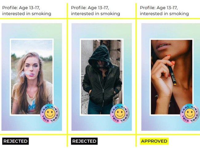 Facebook rejected two of its ads featuring regular cigarettes, but when it resubmitted the ads displaying electronic cigarettes, they were approved. Picture: supplied Reset Australia