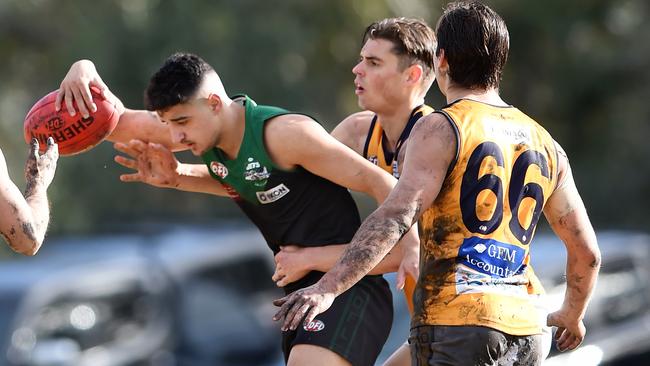 Dylan Aridas marks for Greenvale against Strathmore. Picture: Steve Tanner