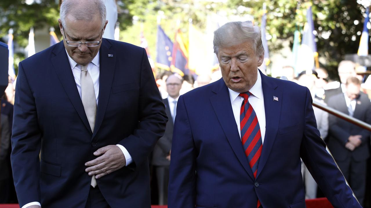 Australian Prime Minister Scott Morrison and US President Donald Trump walk during a State Arrival Ceremony on the South Lawn of the White House in Washington, Friday, Sept. 20, 2019, in Washington. Picture: AP /Patrick Semansky.