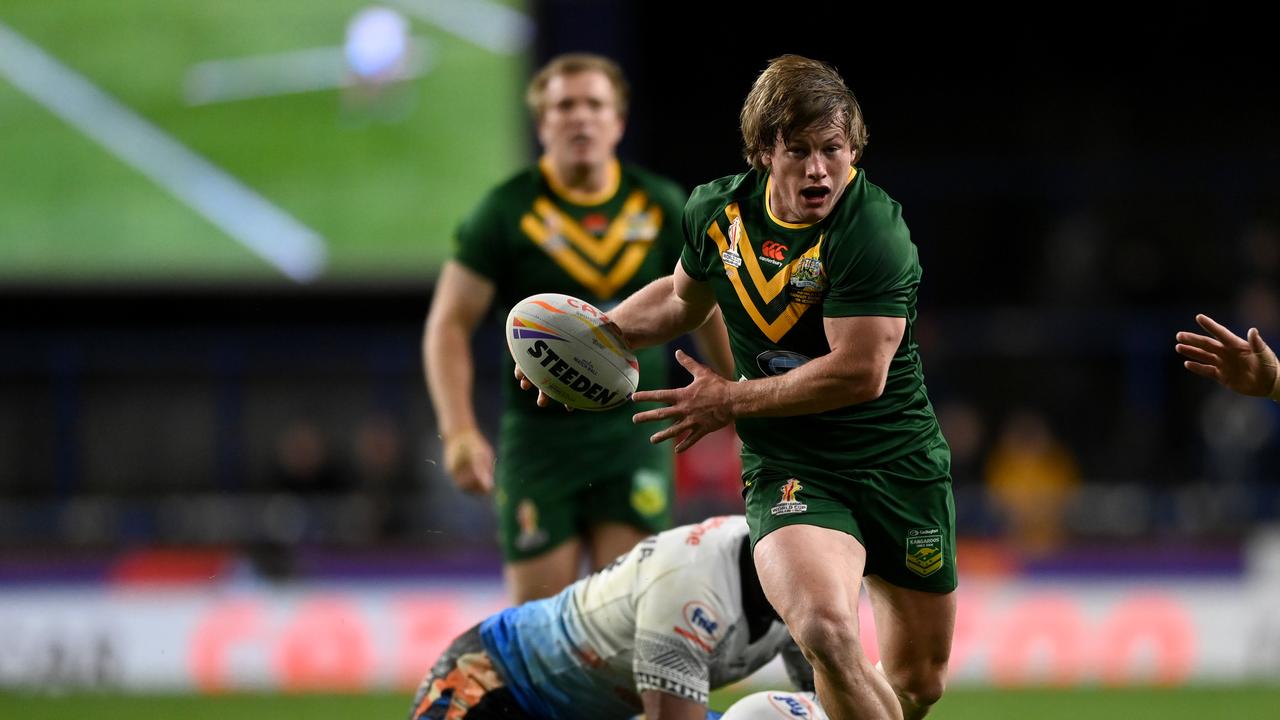 LEEDS, ENGLAND - OCTOBER 15: Harry Grant of Australia during Rugby League World Cup 2021 Pool B match between Australia and Fiji at Headingley on October 15, 2022 in Leeds, England. (Photo by Gareth Copley/Getty Images)