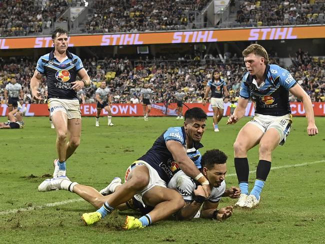 Robert Derby of the Cowboys scores a try during the round eight NRL match between North Queensland Cowboys and Gold Coast Titans at Queensland Country Bank Stadium, on April 26, 2025, in Townsville, Australia. (Photo by Ian Hitchcock/Getty Images)