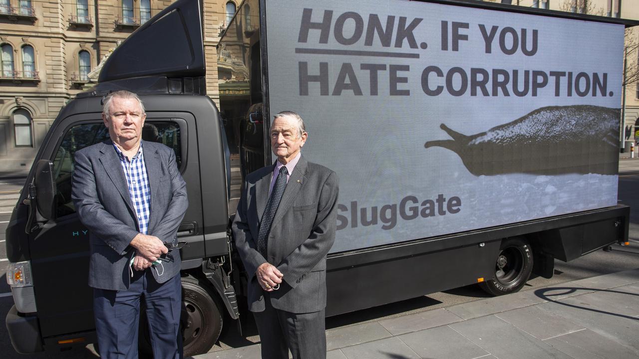 Ian Cook and former Chief Commissioner of Victoria Police, Kel Glare, with the ‘Slug Truck’. Picture: Paul Jeffers