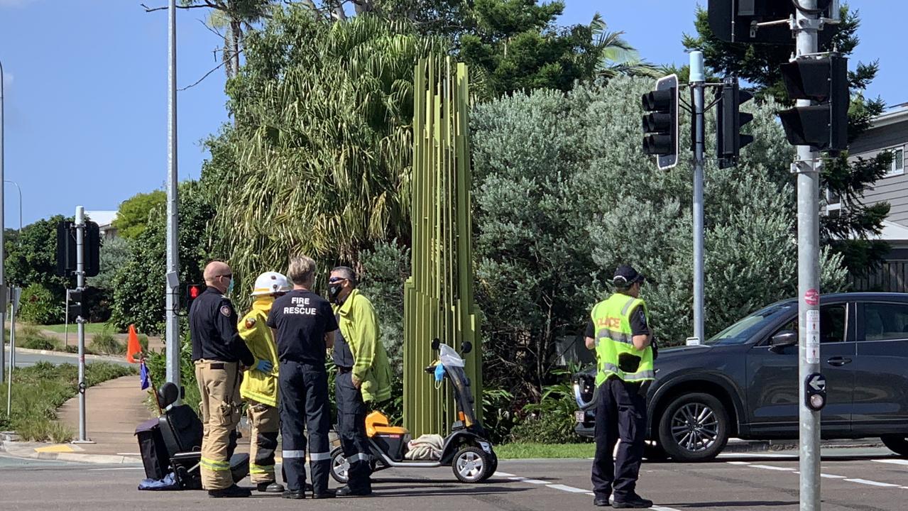 A man in his 70s was taken to Sunshine Coast University Hospital in a critical condition after a mobility scooter and car collided in Maroochydore on Saturday morning.