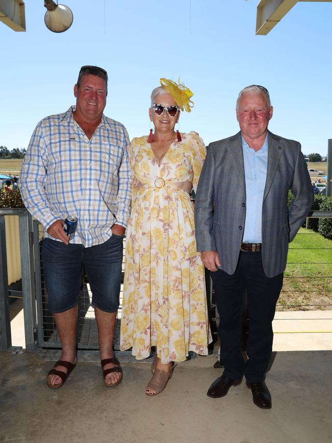 BAIRNSDALE, AUSTRALIA – MARCH 22 2024 Glenn Trinder, Karin and Peter Reed attend the Bairnsdale Cup race day. Picture: Brendan Beckett