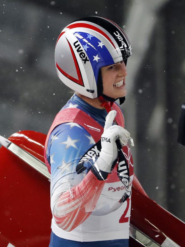 Emily Sweeney of the United States waves after her third run during the women’s luge final at the 2018 Winter Olympics in Pyeongchang, South Korea, Tuesday, Feb. 13, 2018. Picture: AP