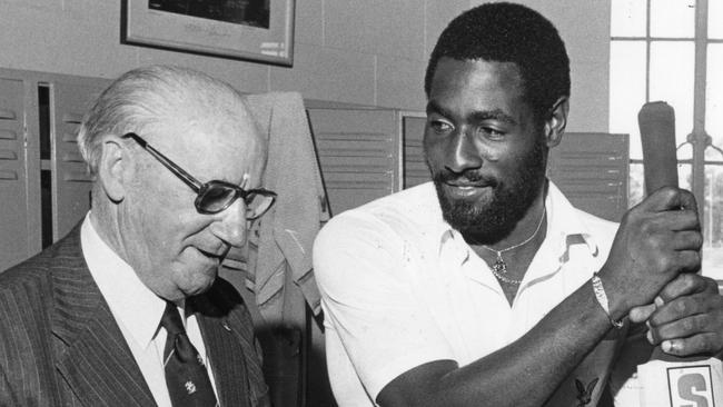 West Indies Test cricketer Viv Richards meets former Australian Test cricketer Sir Donald Bradman in the West Indies dressing room at Adelaide Oval, 13 Nov 1981.