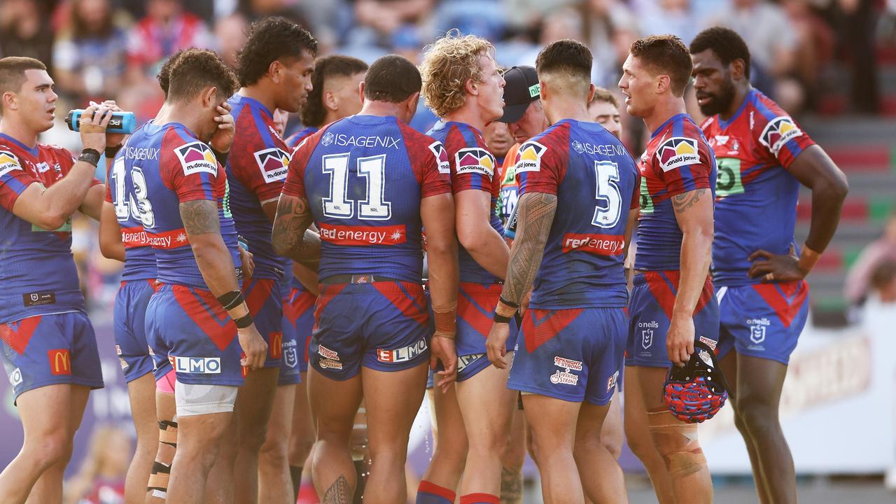 Kalyn Ponga of the Knights and teammates look dejected. Photo by Matt King/Getty Images.