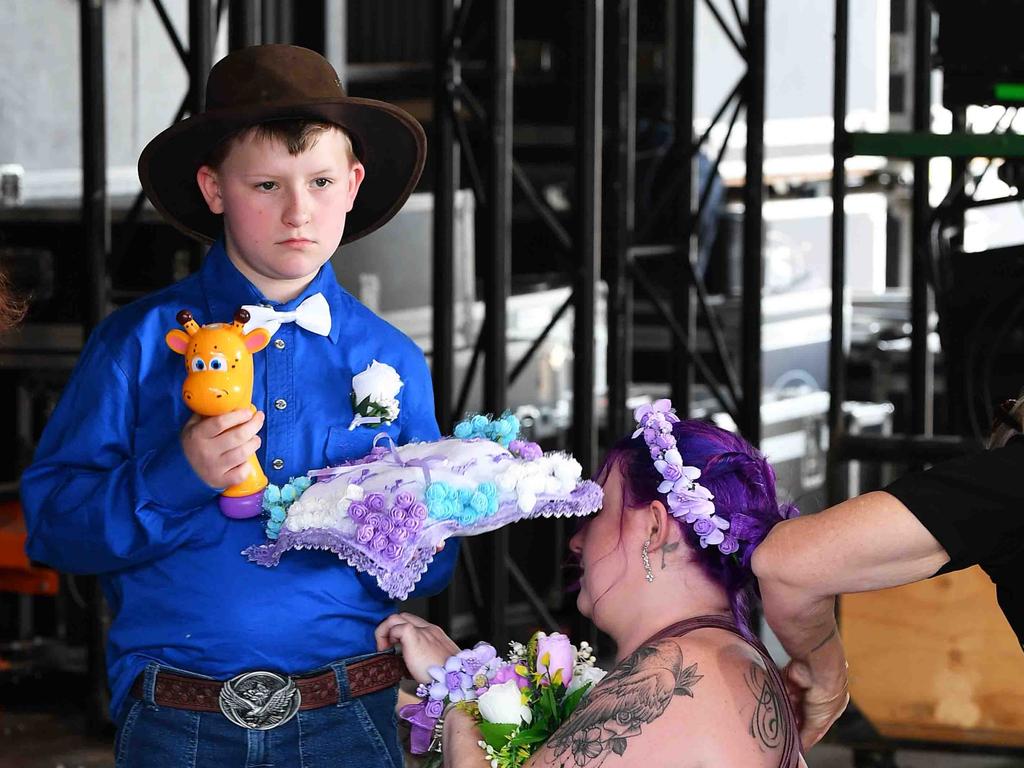 Simone Ward and Geoffrey Borninkhof, were married on The Hill Stage at Gympie Music Muster. Picture: Patrick Woods.