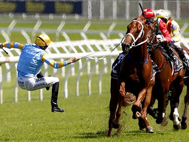 Jockey Hugh Bowman will jump back into the saddle after this scary fall on March 10. Picture: AAP Image/Daniel Munoz