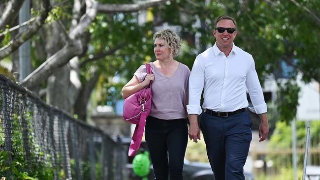 Outgoing Queensland Premier Steven Miles arrives with wife Kim for drinks with friends and party members at the Breakfast Creek Hotel following his party’s electoral defeat. Picture: Lyndon Mechielsen / The Australian