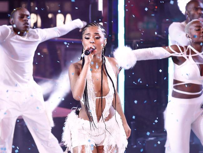 South African singer Tyla performs as revelers celebrate New Year's Eve in Times Square. Picture: John LAMPARSKI / AFP