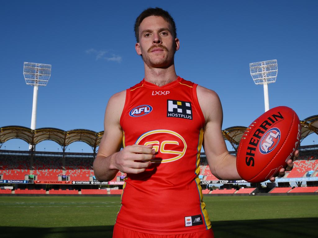 GOLD COAST, AUSTRALIA - JULY 24: Noah Anderson of the Suns poses during an AFL QClash Joint Media Opportunity at People First Stadium on July 24, 2024 in Gold Coast, Australia. (Photo by Matt Roberts/AFL Photos/via Getty Images)