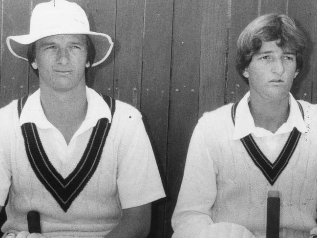 Australian under-19 cricketers twin brothers Steve (l) and Mark Waugh, then 18, pensively waiting for their turn to bat, 01 Mar 1984.