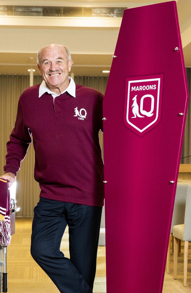 Wally Lewis with a Queensland Maroons coffin at White Lady Funerals. Picture: Richard Walker