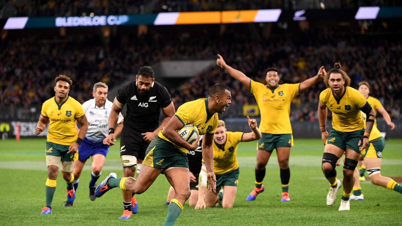 Kurtley Beale scores during the Wallabies 47-26 win over the All Blacks in 2019. Picture: Dave Hunt/AAP Image