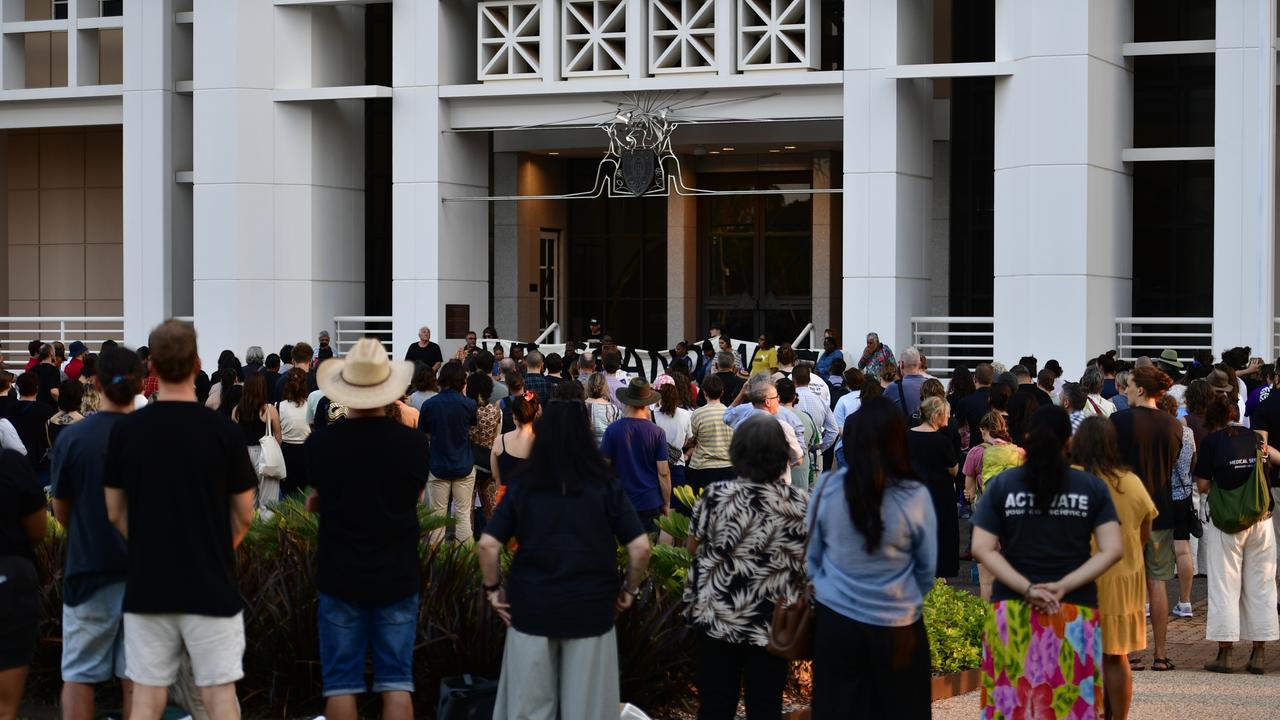 Hundreds of Top End residents gathered outside the NT Parliament on Wednesday during a vigil for Kumanjayi White, a 24-year-old Warlpiri man with a disability who died after being restrained by police in the Alice Springs Coles. Picture: Zizi Averill