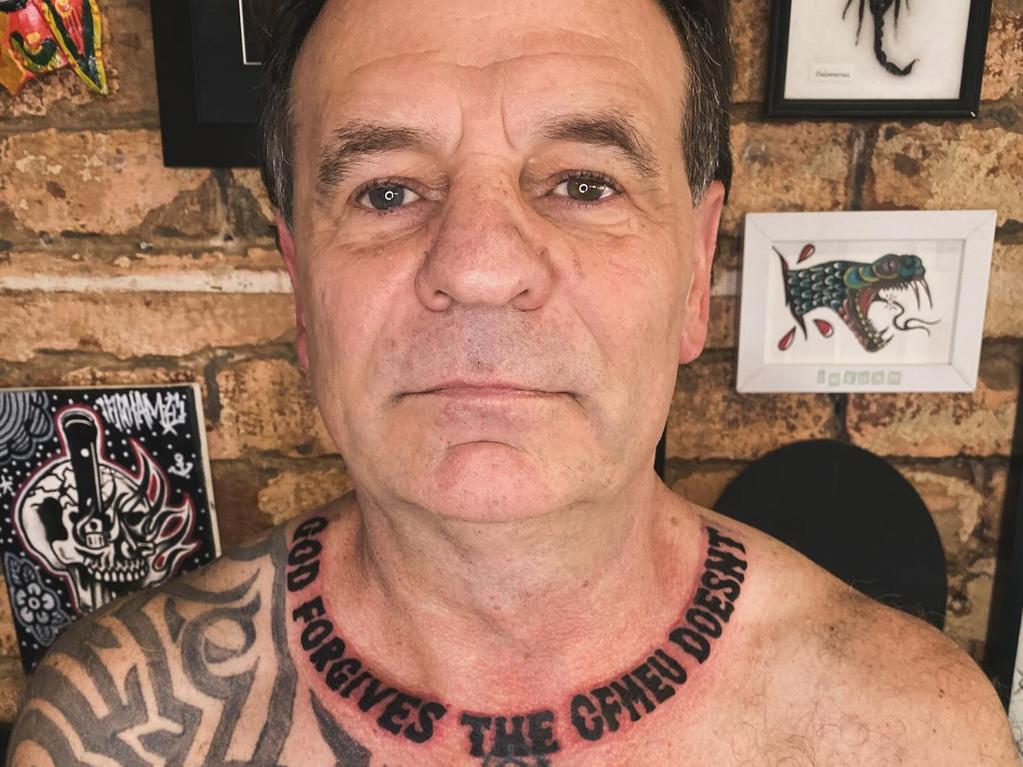 Former CFMEU boss John Setka shows off his tattoo — God Forgives The CFMEU Doesn’t, on his neck. Picture: Supplied