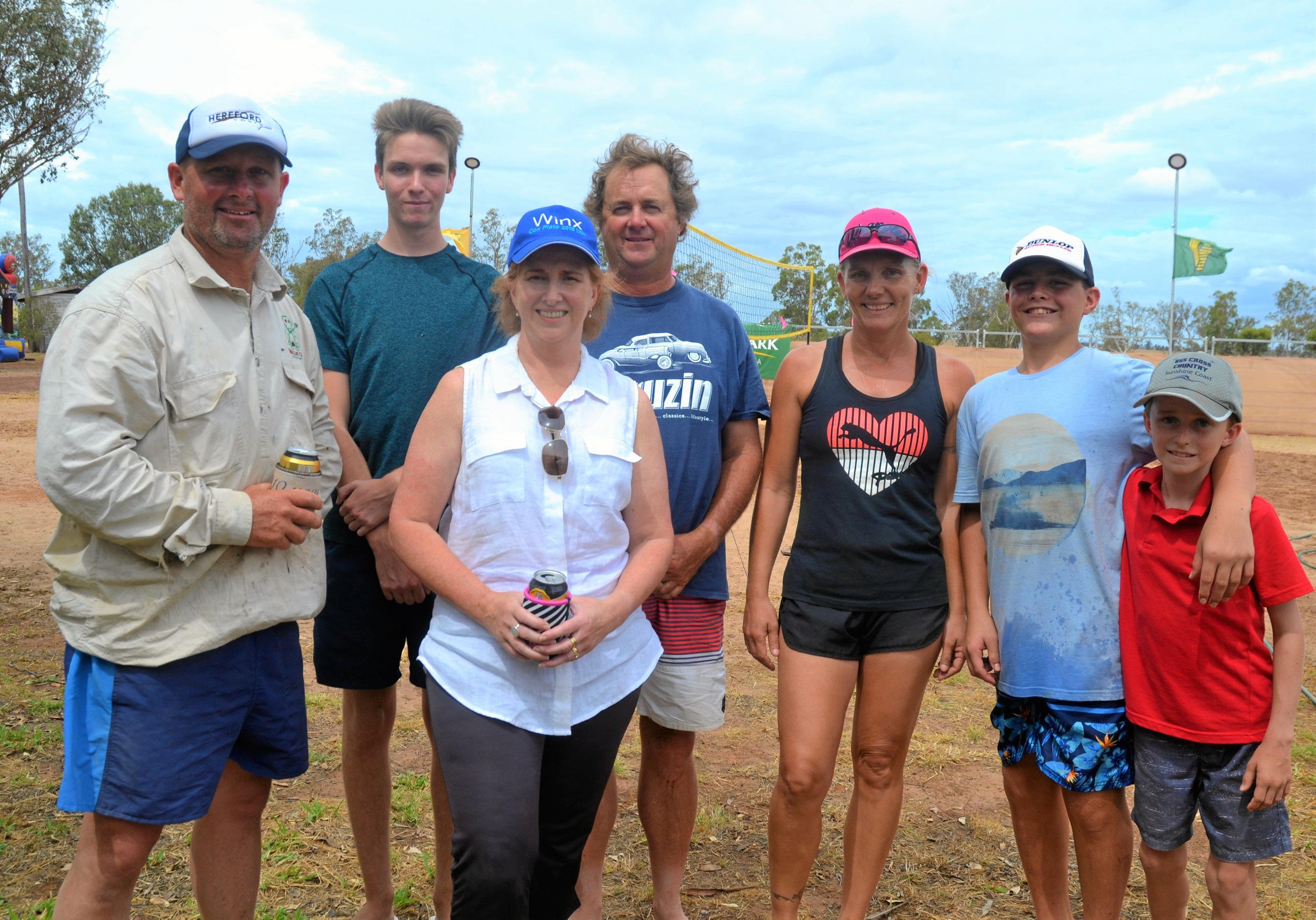 Toby Nixon, Zane Creevey, Penelope Hindman, Tony Hindman, Amanda Knight, Cameron Moran and Monty Hindman at the Dulacca Sports Club annual Bush Beach Volleyball tournament. Picture: Kate McCormack