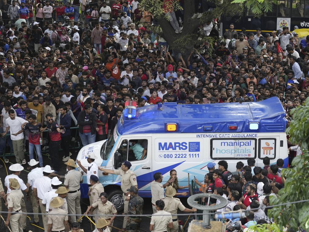 An ambulance arrives at the M. Chinnaswamy Stadium. Picture: AP Photo/Aijaz Rahi