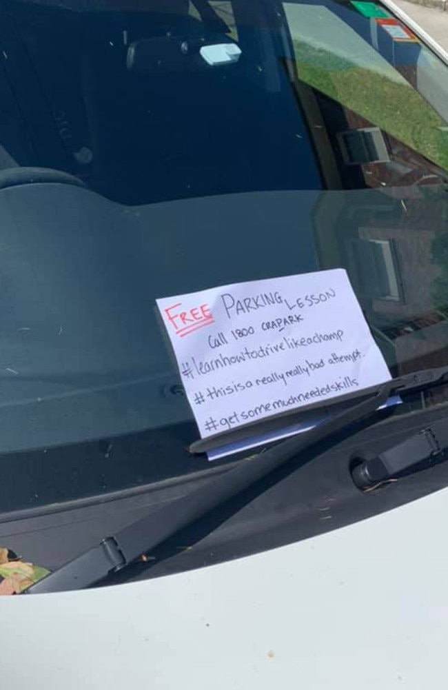 A motorist trying find a park in Bondi left a note on the windscreen of another vehicle after the person took up two spaces. Picture: Facebook/BondiLocalLoop