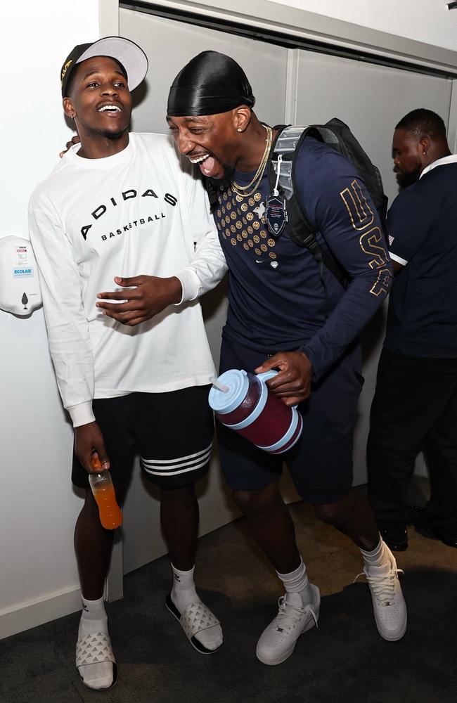 Anthony Edwards and Bam Adebayo share a laugh together. (Photo by Jim Poorten/NBAE via Getty Images)