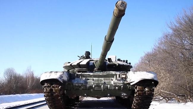 Russian tanks after joint exercises with Belarus. Picture: AFP.