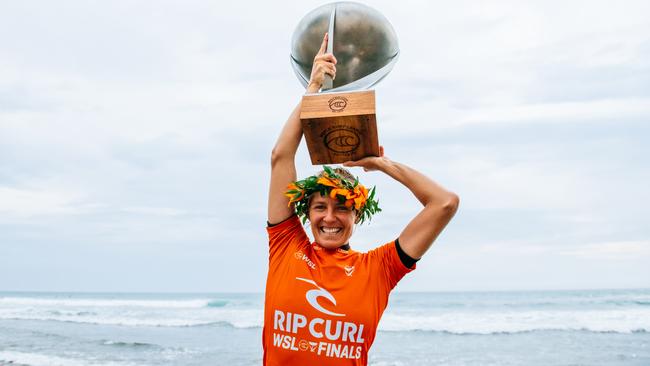 Stephanie Gilmore of Australia after winning her eighth world title at the Rip Curl WSL Finals in 2022 to become the most successful women’s surfer in history. Photo: Getty Images