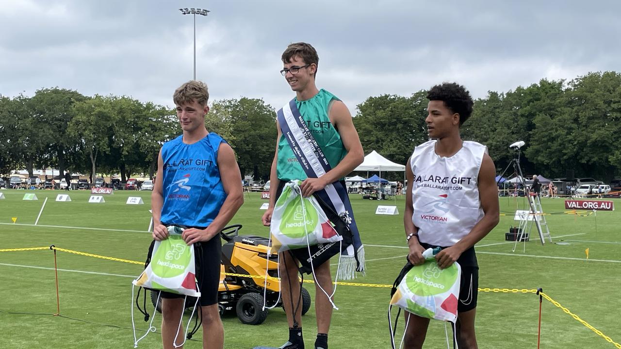 Harry McDonough wins the under-18 Ballarat Gift. Zane Eddleston and Adrian Faraja Wilson finished second and third. Picture: Shane Jones.