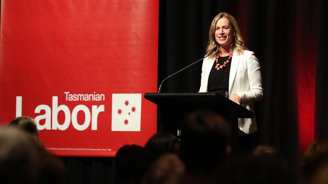 Labor leader Rebecca White addresses the crowd at the Labor election campaign launch at the Hotel Grand Chancellor. Picture: Nikki Davis-Jones