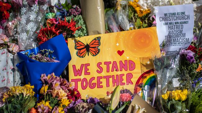 Messages of support at the botanical gardens in Christchurch. Picture: Getty Images.