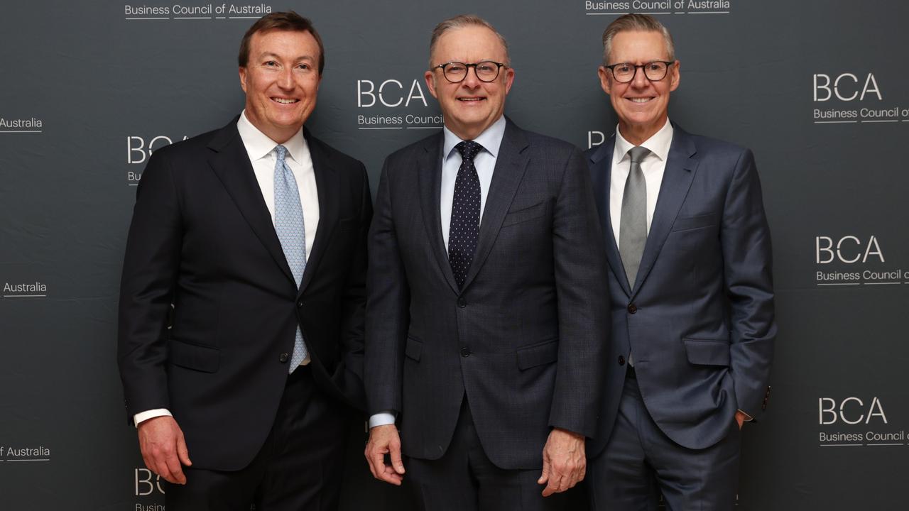 BCA Dinner arrivals (L-R) Prime Minister Anthony Albanese, President BCA Geoff Culbert and CEO BCA Bran Black. Jane Dempster/The Australian.