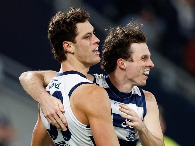 MELBOURNE, AUSTRALIA - JUNE 01: Shannon Neale of the Cats celebrates a goal with teammate Max Holmes during the 2024 AFL Round 12 match between the Geelong Cats and the Richmond Tigers at GMHBA Stadium on June 01, 2024 in Melbourne, Australia. (Photo by Dylan Burns/AFL Photos via Getty Images)