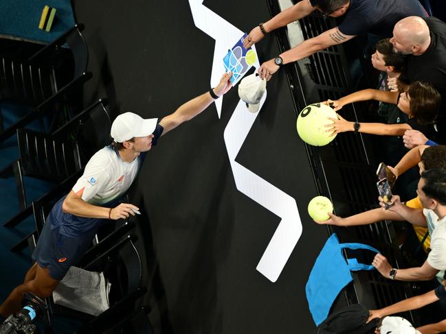 Alex de Minaur after his win on Monday night. Picture: Hannah Peters/Getty Images.