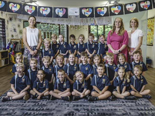 My First Year 2023: Toowoomba Christian College Prep B students with (from left) Mrs Linda Smoothy, Mrs Dennielle Gillies and Mrs Barbara Vosloo.