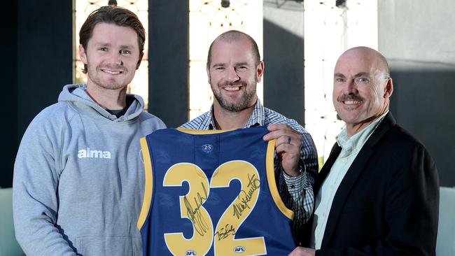 Former Crows No. 32s Patrick Dangerfield, Mark Ricciuto and Bruce Lindsay. Picture: Noelle Bobrige