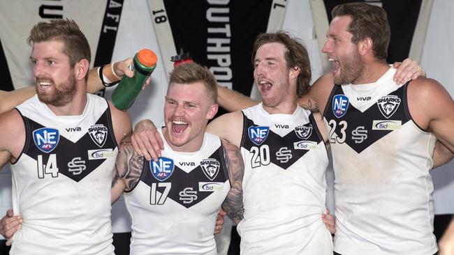 The Southport Sharks celebrate their win against Aspley. Picture:TJ Yelds/NEAFL.