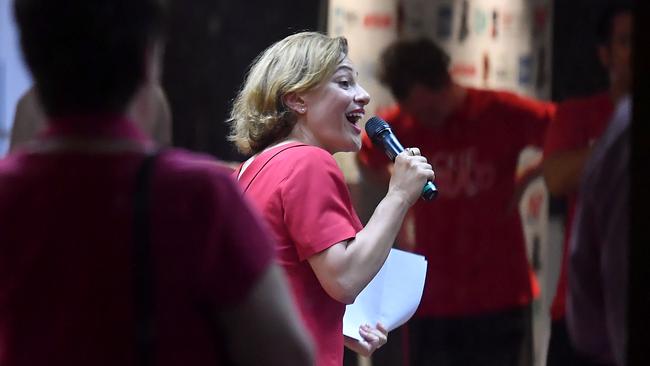 Jackie Trad give a speech to her supporters at Souths Sports Club after losing the seat of South Brisbane. Picture: John Gass