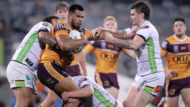 Broncos prop Payne Haas rips into the Raiders’ defence. Picture: Getty Images