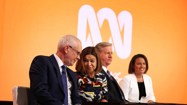 9/2/18: ABC Annual Public meeting at Ultimo, Sydney. Chairman Justin Milne, Managing director Michelle Guthrie, Peter Lewis and Dr Kirstin Ferguson. John Feder/The Australian.