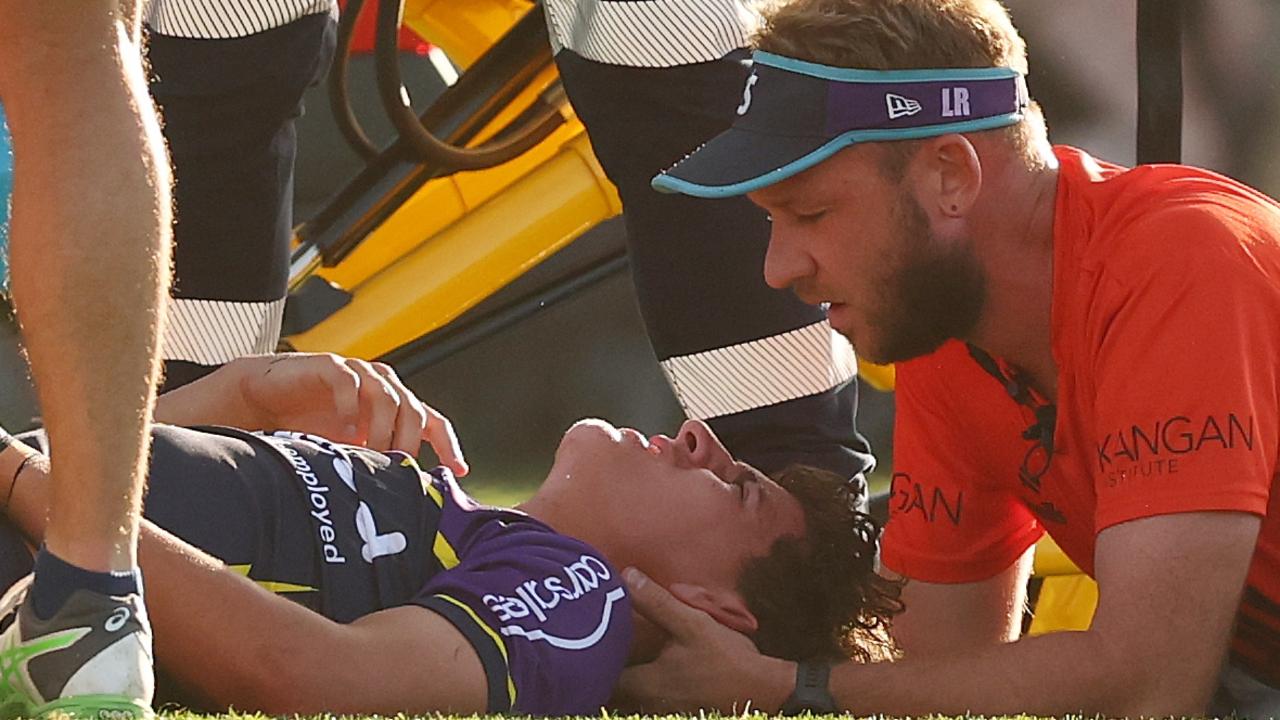 Hugo Peel of the Storm receives medical attention after a collision. Picture: Getty Images