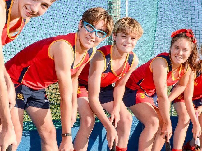 L-R: Joshua Ucinek, Owen Geoghegan, Coell Williams, Molly Dwyer, Emily Holland, Ella Bruce at West Beach, who are part of the National Under-15 hockey championships, Tuesday, April 6, 2021. Picture: Brenton Edwards