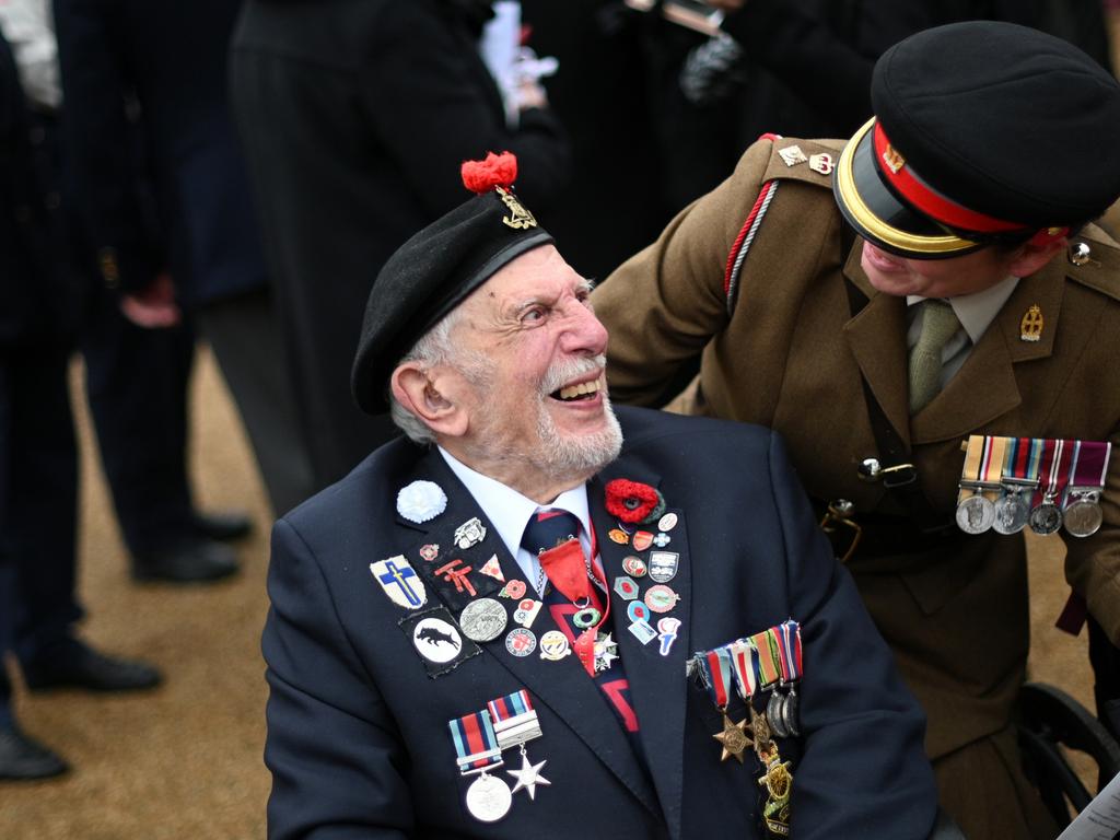 Veteran of D-Day, 98 year old Joe Cattini (L) attends Horse Guards Parade for the Remembrance Sunday ceremony. Picture: Getty Images