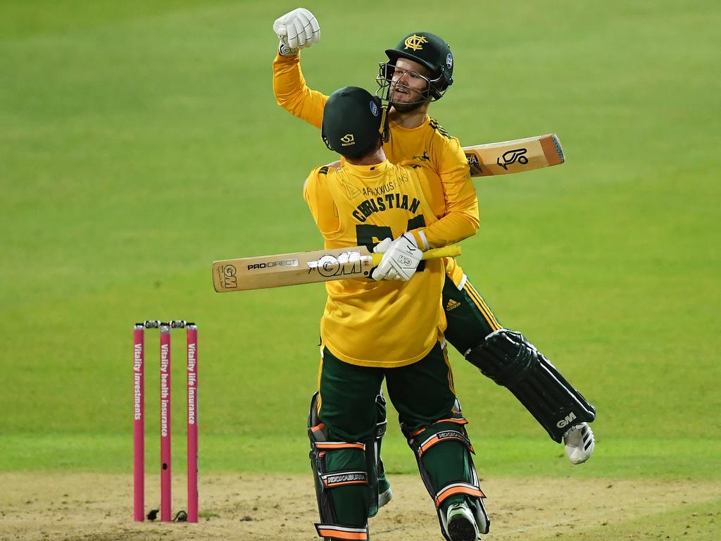 Ben Duckett and Dan Christian celebrate Notts Outlaws’ victory. Picture: Alex Davidson/Getty Images