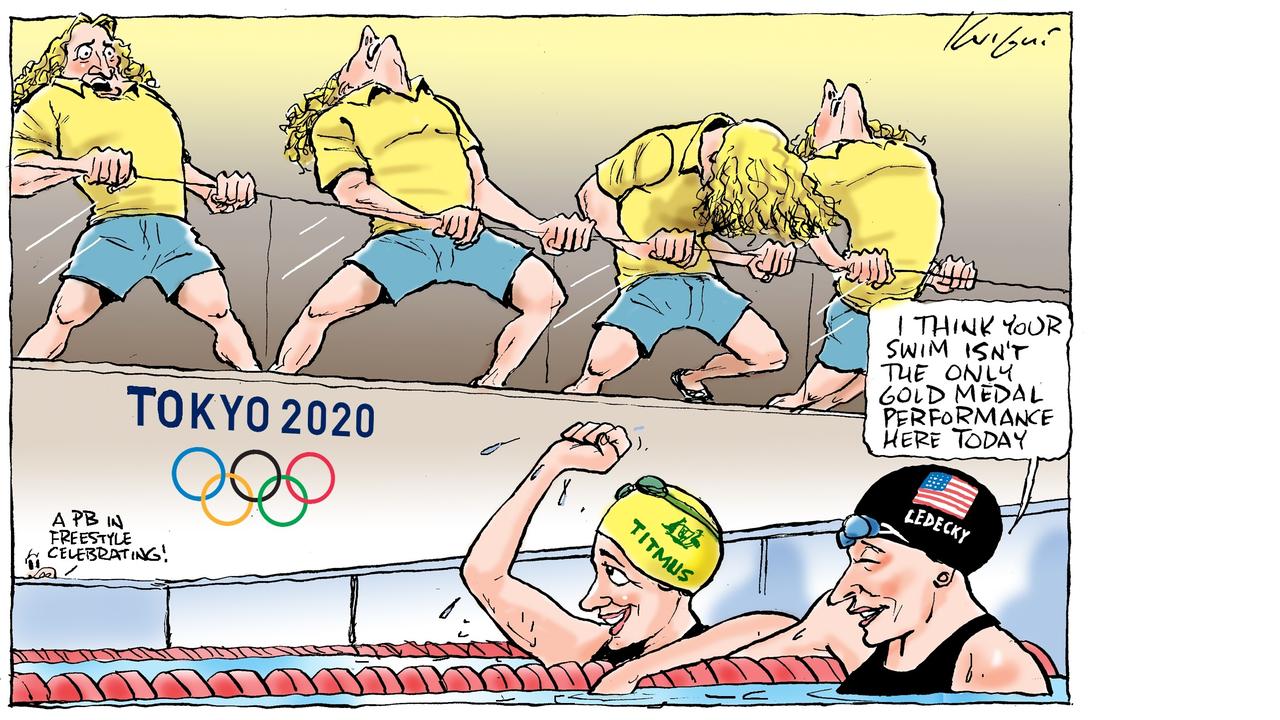 Mark Knight’s cartoon captures the gold medal performances of Ariarne Titmus and her coach, Dean Boxall, at the Tokyo Olympics.
