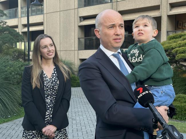 NSW Liberal Matt Kean MP, with son Tom and partner Wendy Paterson, announces he will retire from politics to pursue a job in the private sector. Picture: James O’Doherty