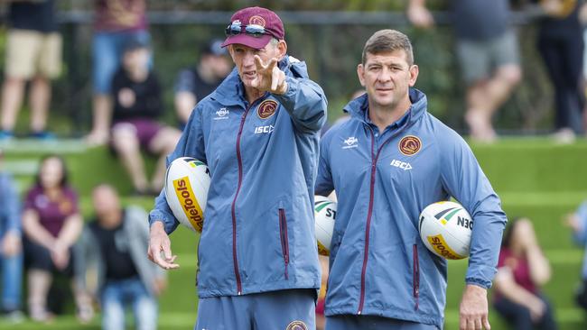 Seibold is set to take over the reigns at Brisbane. Wayne Bennett (left) assistant Jason Demetriou at training. Picture: AAP